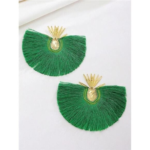 WOMEN'S Green Tassel Stud Statement Earrings - Picture 3 of 6